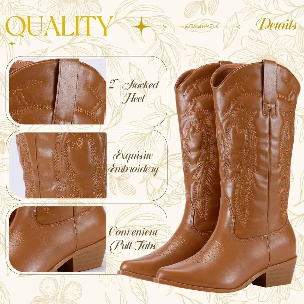Women's Tan Pointy Toe Cowgirl Chunky Heel Boot Mid Calf Ladies Western Boots - Picture 3 of 5